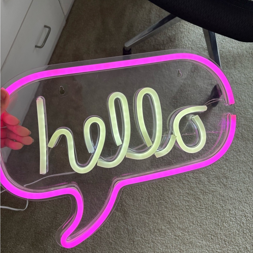 Neon Hello Sign with Pink and White Lights